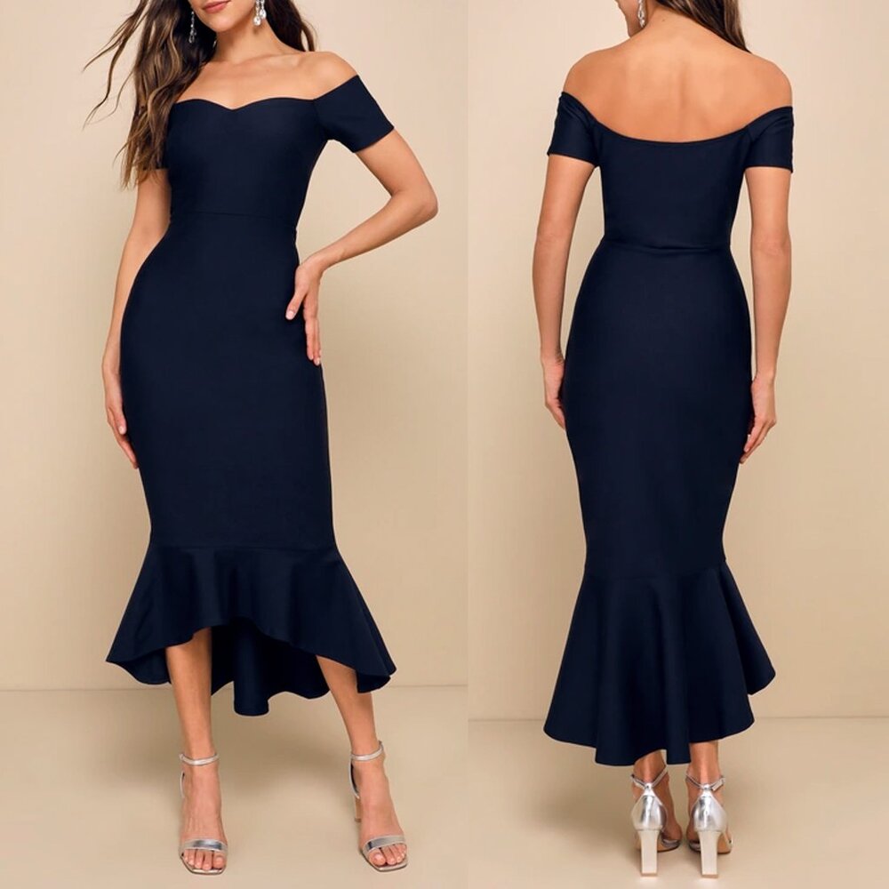 LULUS Midnight Blue Hoow Much I Care Off-the-Shoulder Midi Dress NWT Size M